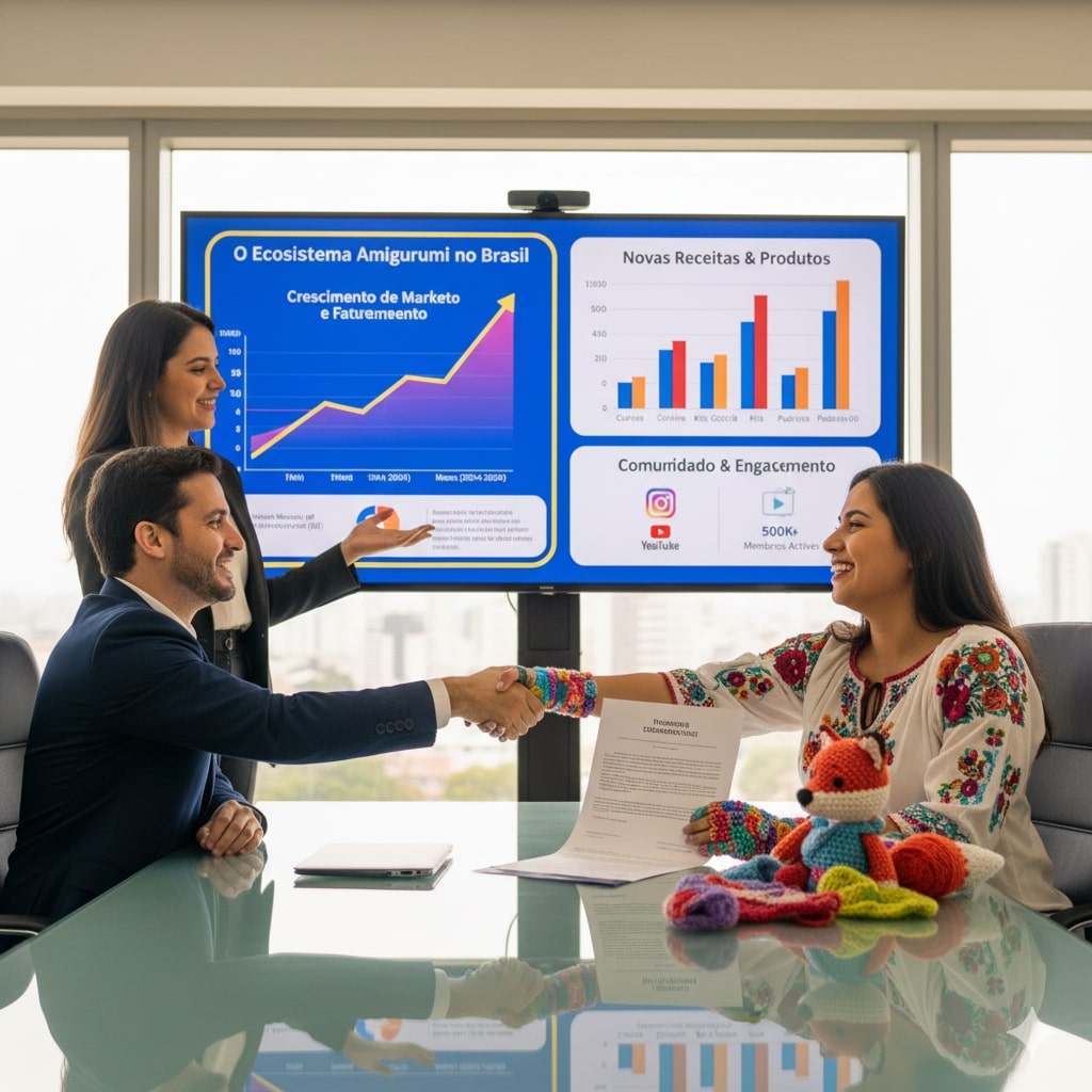 Artesã criando um amigurumi com agulha de crochê e novelos de lã coloridos.